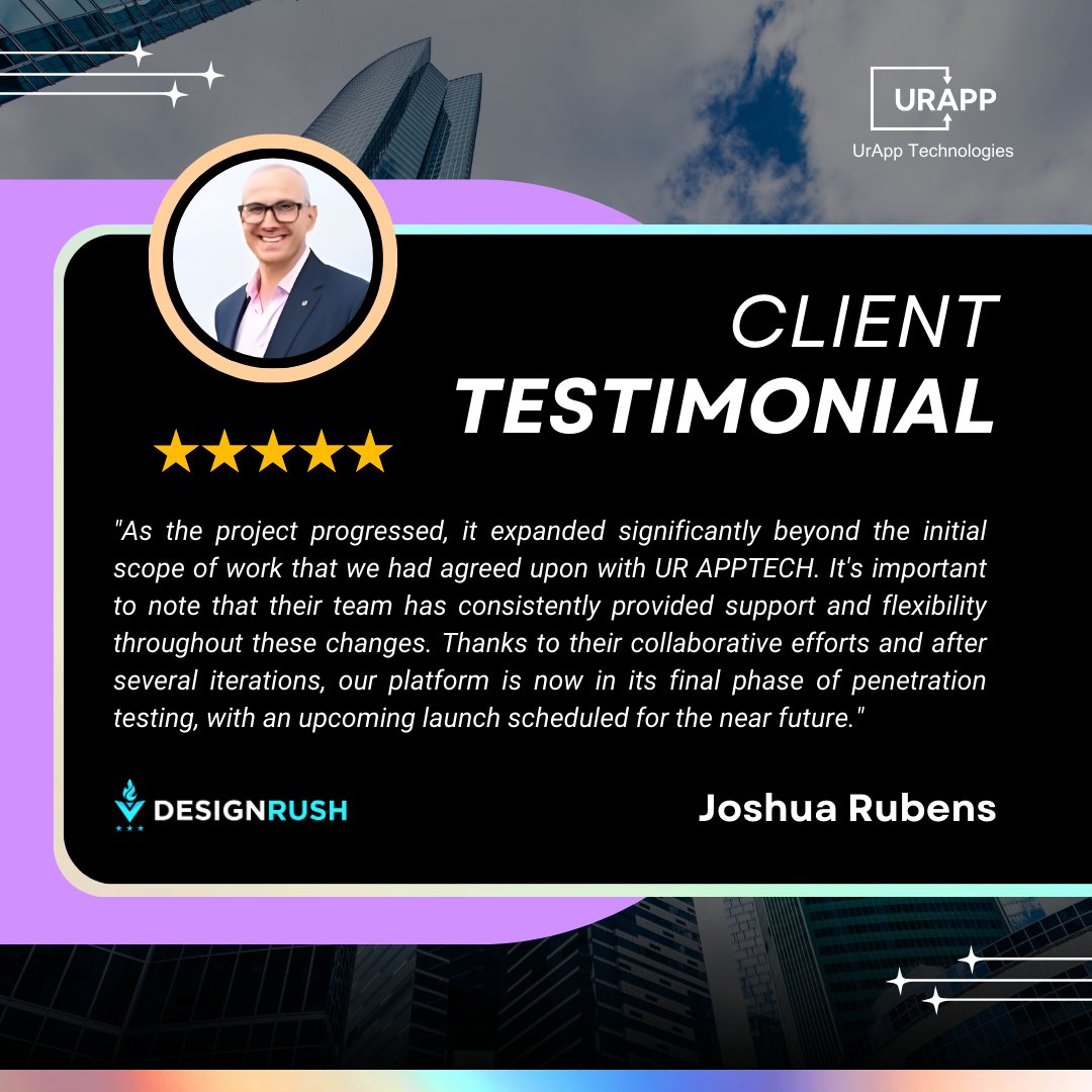 UrAppTechnology's tweet image. 🌟 Featured on @DesignRush!
Grateful for the 5⭐ feedback from Joshua Rubens 🙌.
At URAPP Technologies, we turn ideas into scalable, market-ready apps 🚀.

#ClientTestimonial #URAPPTech #DesignRush