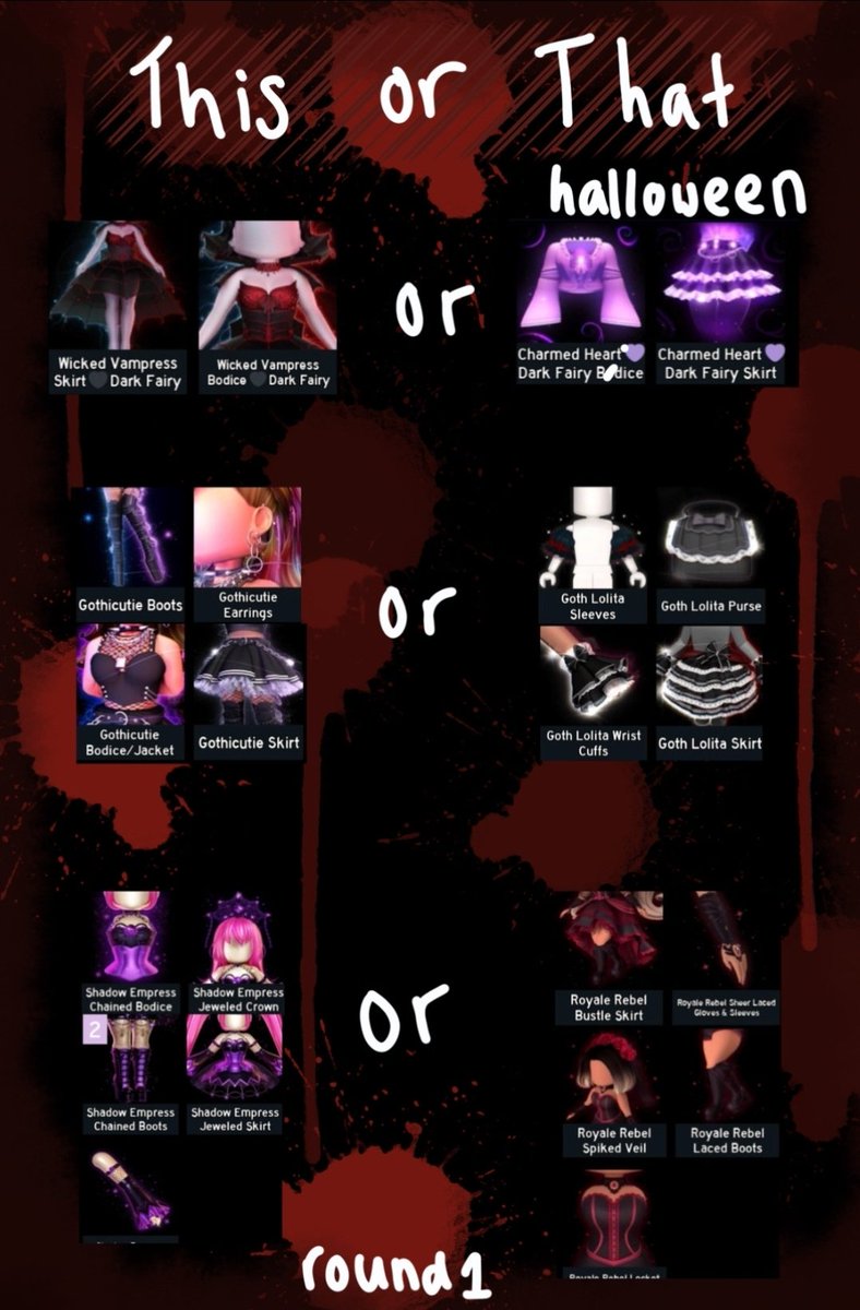 🎃 This or That #royalehigh giveaway 🎃

Rules:
□ 》Follow
□ 》Retweet
□ 》Comment what ones u want 👻

🕸 Spooky Special 🕸
