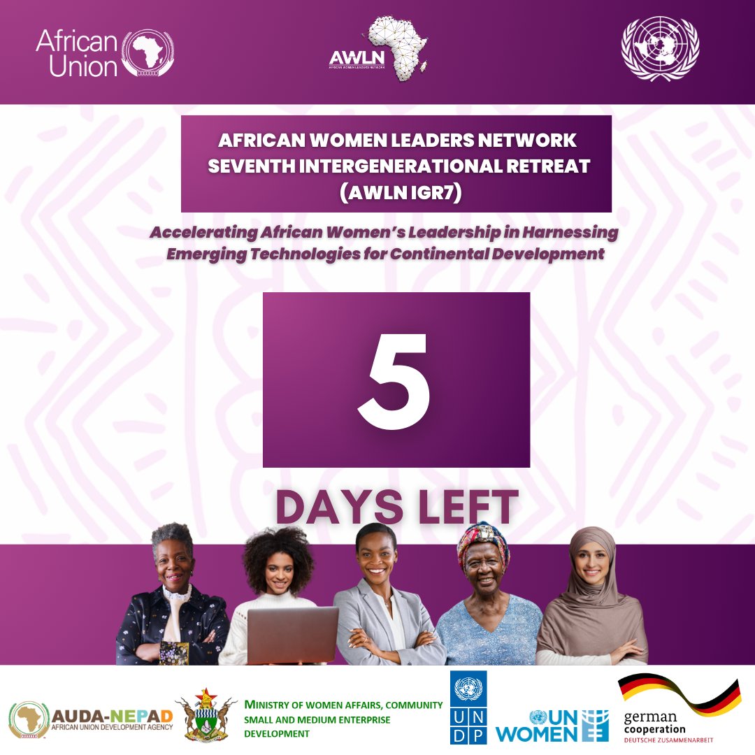 AWLNetwork (@awlnetwork) on Twitter photo ⏳ 5 DAYS LEFT!
The <a href="/AWLNetwork/">AWLNetwork</a> 7th Intergenerational Retreat kicks off in Harare 🇿🇼 (6-7 Sept).
This year we explore how African women leaders can harness emerging technologies like AI, an opportunity that could generate up to $100B annually for Africa’s economies.
#IGR7 ⏳ 5 DAYS LEFT!
The <a href="/AWLNetwork/">AWLNetwork</a> 7th Intergenerational Retreat kicks off in Harare 🇿🇼 (6-7 Sept).
This year we explore how African women leaders can harness emerging technologies like AI, an opportunity that could generate up to $100B annually for Africa’s economies.
#IGR7