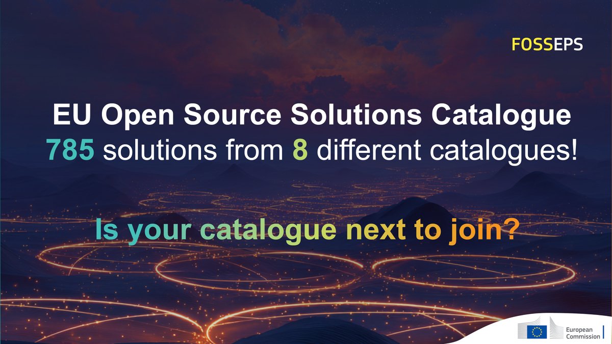 The EU #OpenSource Solutions Catalogue is growing! 🚀

✅ 785 solutions and 8 catalogues
✅ Promoting sharing and reuse across Europe
✅ Building a digitally sovereign future

Get involved: Contribute, share, &amp; shape Europe’s open source future!🌍
👉europa.eu/!GfytHw