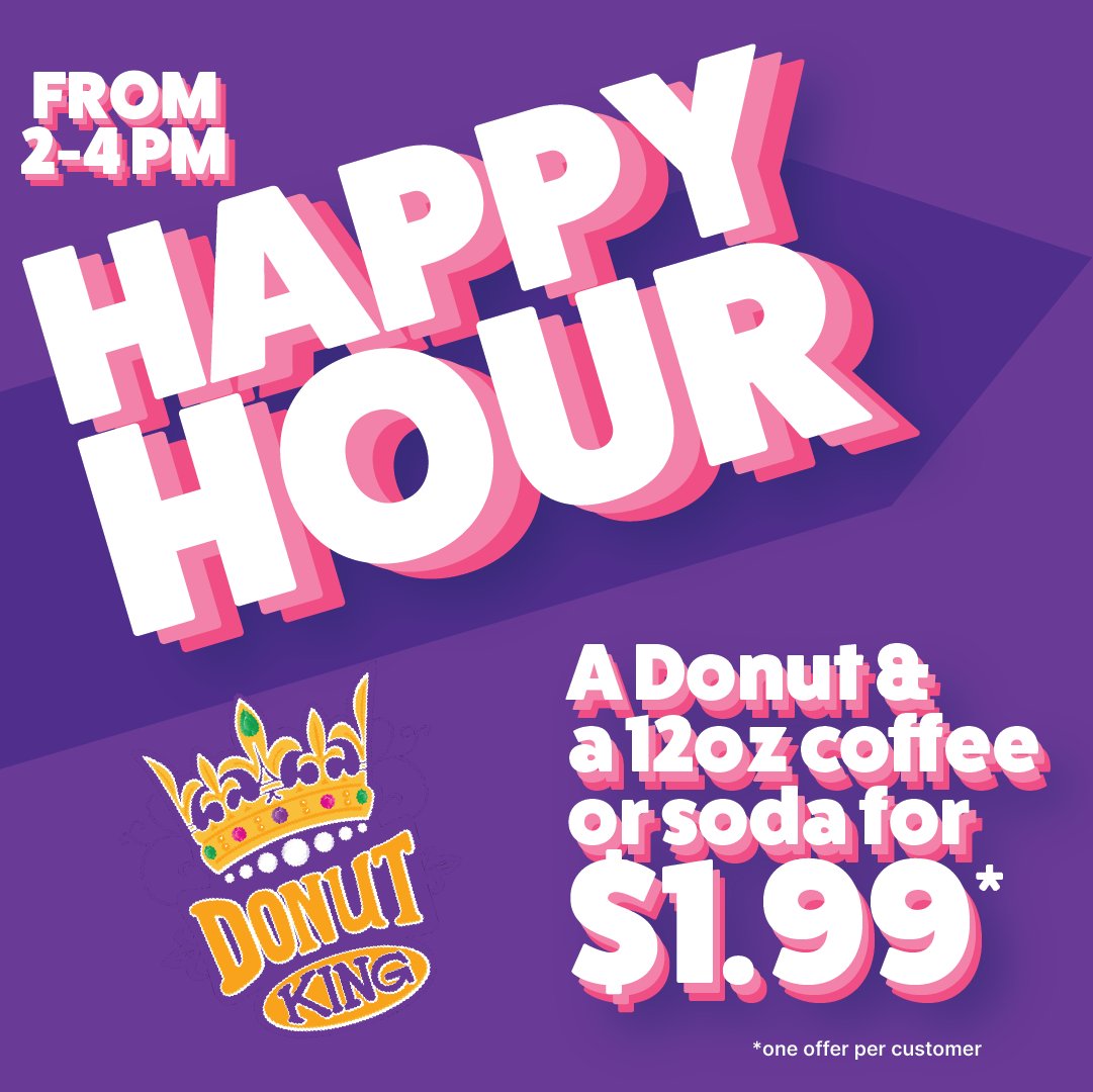 DonutKingKC's tweet image. Join us for HAPPY HOUR from 2-4 pm and get a special deal. A donut and 12oz coffee or soda for $1.99 (one offer per customer)
#kansascitymo #letseatsomedonuts #donutshop #donuts #specailtydonuts #donutkingkc