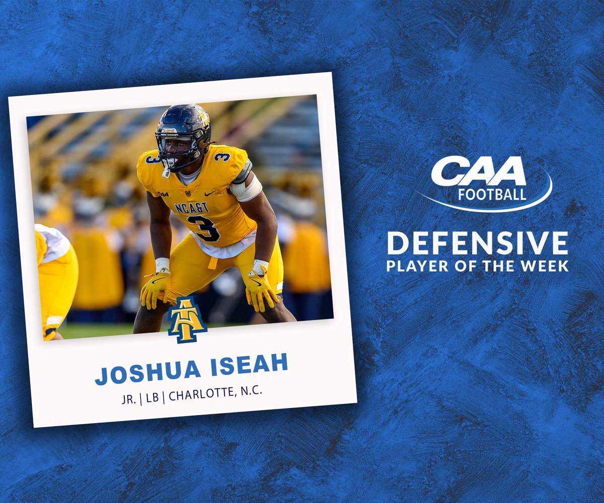 #CAAFB Defensive Player of the Week

Joshua Iseah recorded a team-high 10 tackles, a career-high 3.0 tackles for loss and an interception in <a href="/NCATFootball/">Aggie Pride</a>'s narrow 24-21 loss at Tennessee State

📰 tinyurl.com/sp2c9mp8
