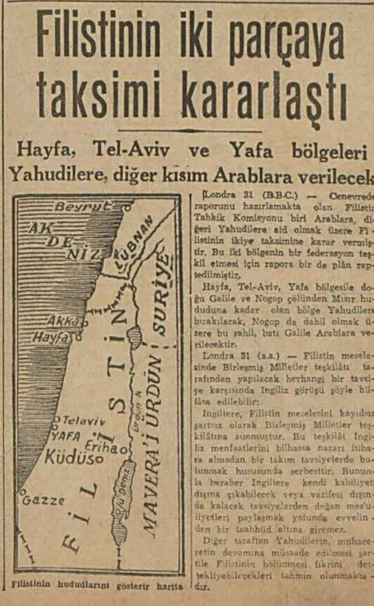 01 #Eylül 1947
Filistin'in İki Parçaya Taksimi Kararlaştı!
1947'de BM, Filistin'in taksim planınında Haifa, Tel-Aviv ve Yafa Yahudilere, diğer bölgeler ise Araplara verilecek. Plan, 2 ayrı devlet ve Kudüs'ün  statü kazanmasını öngörüyor. Detaylar haritada! #Filistin #Tarih
