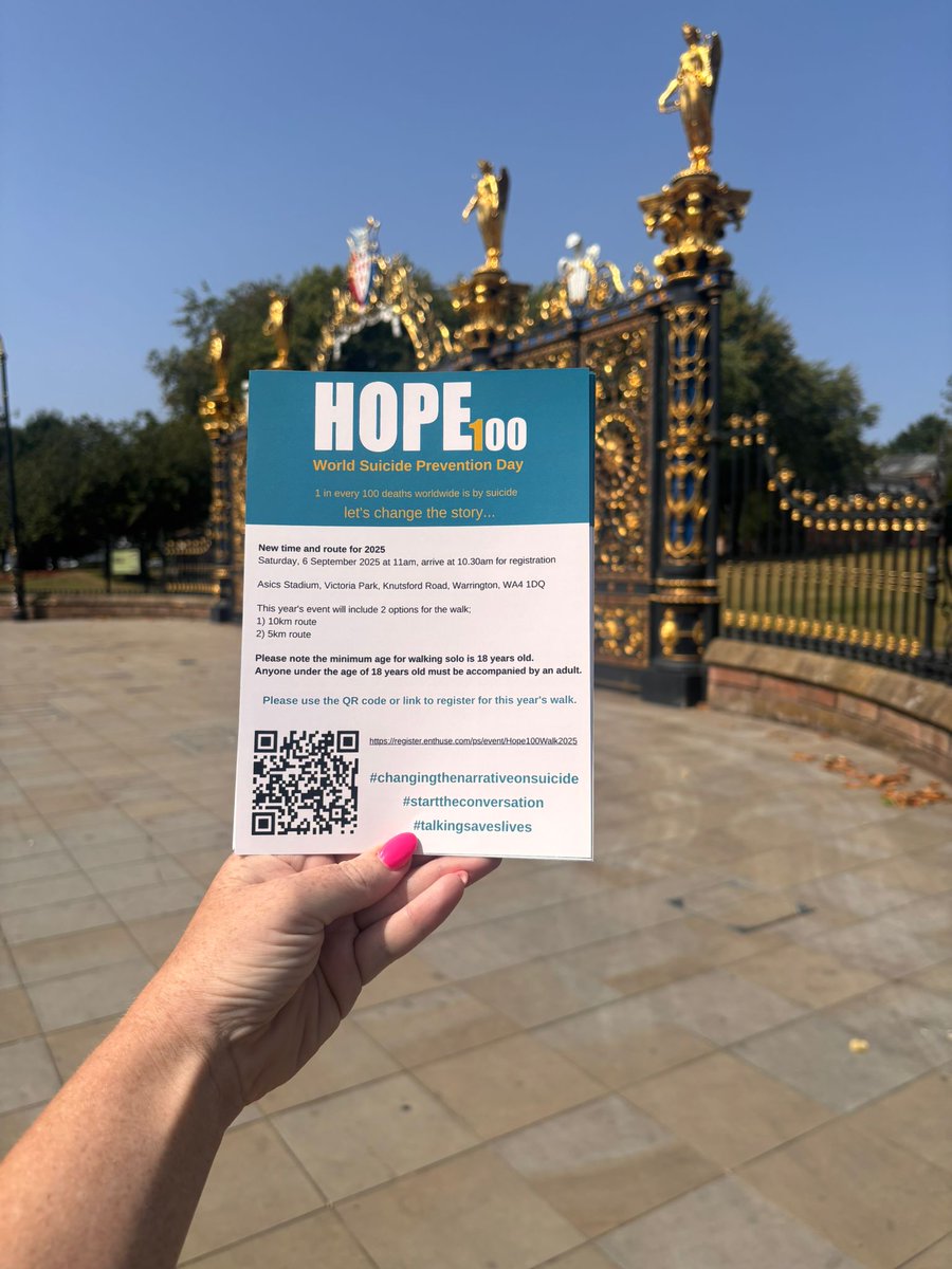 Not long to go until this year's Hope 100 Warrington walk for World Suicide Prevention Day starts.

🗓️ Saturday 6th September, 11am
📍 Victoria Park, Warrington

Join us and over 200 people. Register as individuals, but walk together.
register.enthuse.com/ps/event/Hope1…