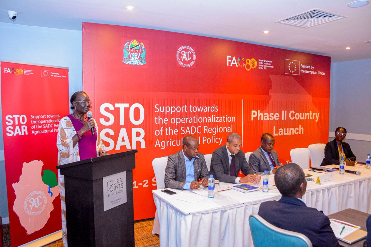 FAOTanzania's tweet photo. Tanzania 🇹🇿 launches STOSAR II to boost agriculture &amp; food systems!
With 🇪🇺 @EUinTZ support @FAO &amp; @SADC_News partnership. 

The project strengthens Sanitary and phytosanitary system (SPS) frameworks, market access, and inclusive value chains. https://t.co/vk32y7DNe9