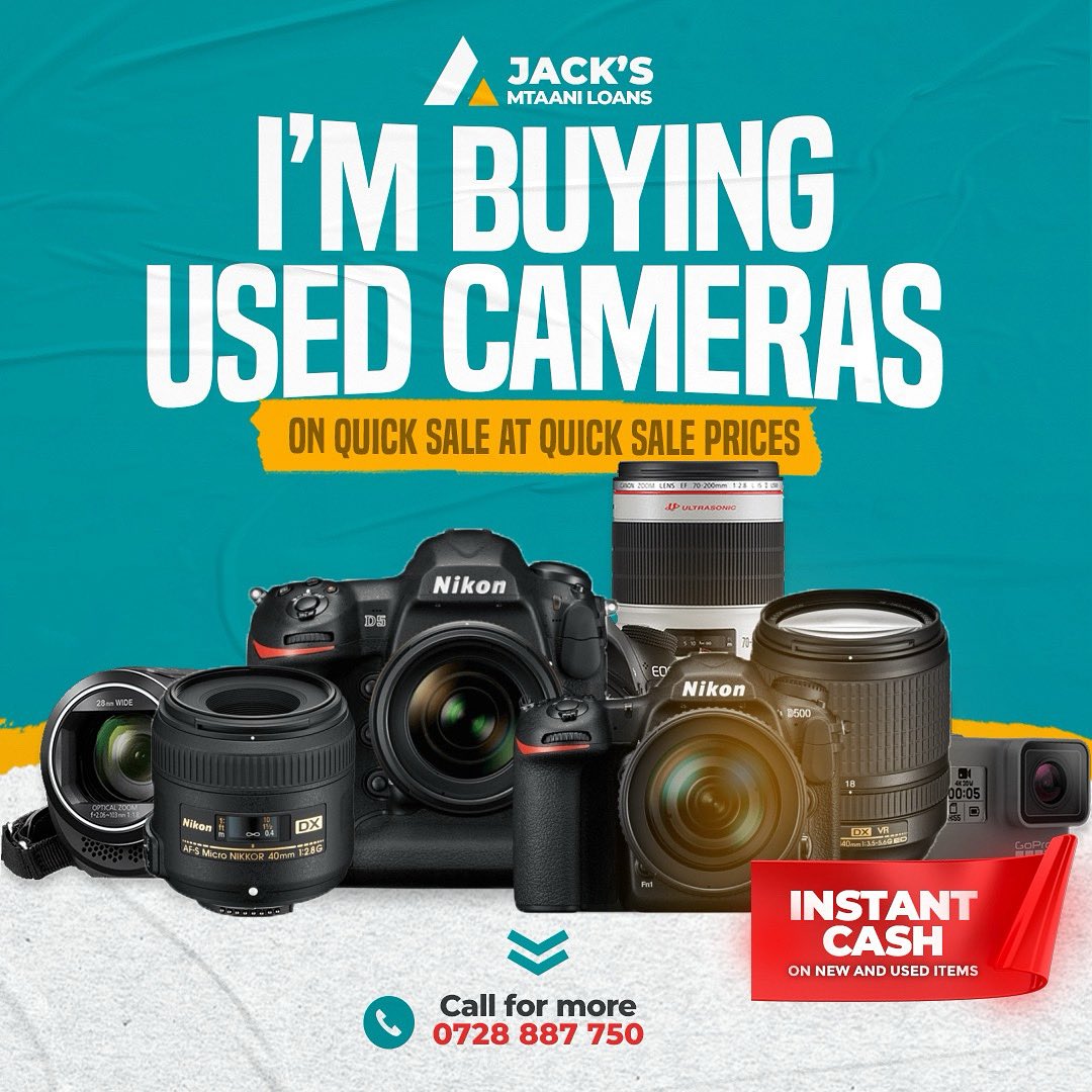 Hi guys,We buy Pre-owned DSLR CAMERAS on QUICK sale.We also LOAN out QUICK INSTANT CASH loans on CAMERAS as collateral.We deal with known Camera Brands. Send photos &amp; purchase Receipts of Camera on WhatsApp/Call 0728887750.