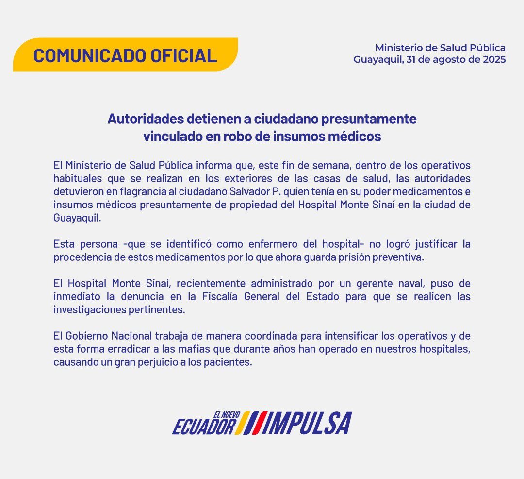 Quienes roban insumos médicos o convierten los hospitales en cantinas son los mismos que empujaban la declaratoria de emergencia, no para salvar vidas, sino para seguir saqueando al pueblo con contratos a dedo.

En el Nuevo Ecuador, esa mafia se terminó: se los desvincula, se los