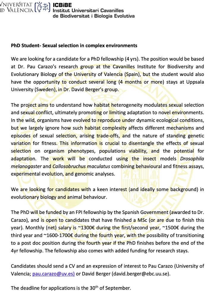 Pau Carazo (@paucarazo) on Twitter photo Interested in doing a PhD on Sexual selection in complex environments? Apply! 👇👇 👇👇 <a href="/IcbibeU/">@ICBiBE_UV</a>. Interested in doing a PhD on Sexual selection in complex environments? Apply! 👇👇 👇👇 <a href="/IcbibeU/">@ICBiBE_UV</a>.