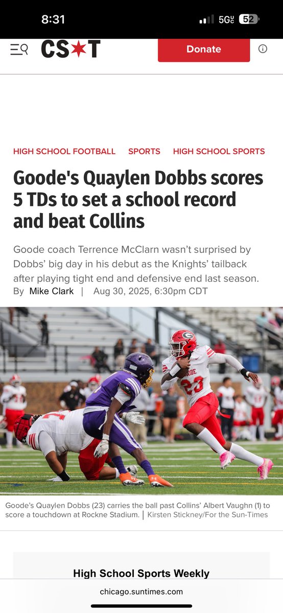 Congratulations to Quaylen on an outstanding game. Thank you <a href="/Suntimes/">Chicago Sun-Times</a>  for shedding light on this historic moment more to come Friday September 5th 7pm when we take on the Solorio Sun Warriors. It’s about to be a movie
