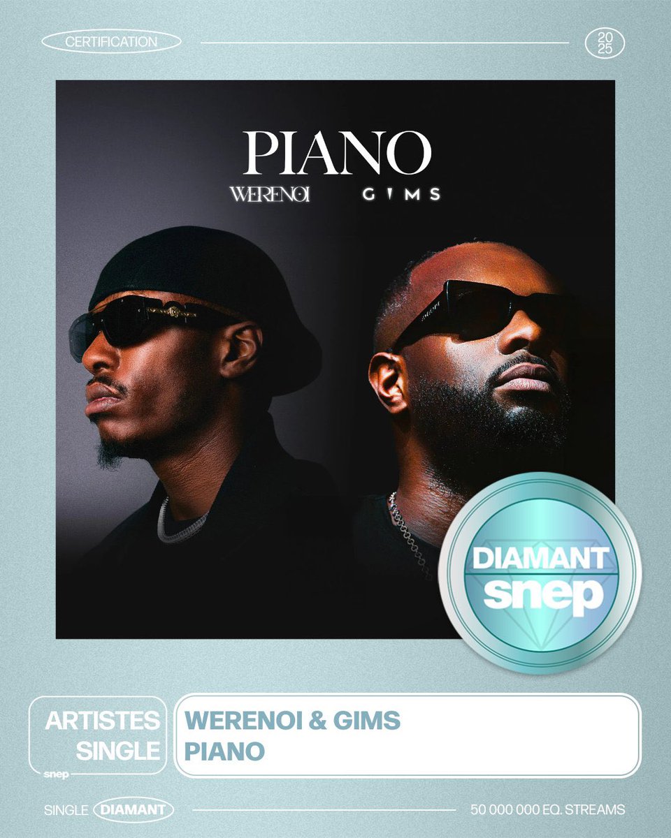 🚨Le titre « PIANO » de <a href="/GIMS/">G I M S</a> &amp; Werenoi est officiellement certifié Single de Diamant ! 💎

50.000.000 équivalents streams 🧨🧨