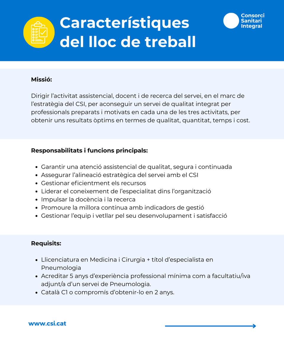 ConsorciCSI's tweet photo. Busquem  un/a cap de servei de #Pneumologia que vulgui liderar, innovar i formar  part d’un gran equip. Contracte indefinit. Lloc: Complex Hospitalari Universitari Moisès Broggi.
📅 Inscripcions fins al 30/09/25 a les 14 hores.
👉 https://t.co/nzRTg3Ffhx #SomCSI https://t.co/14S5YjYyGC