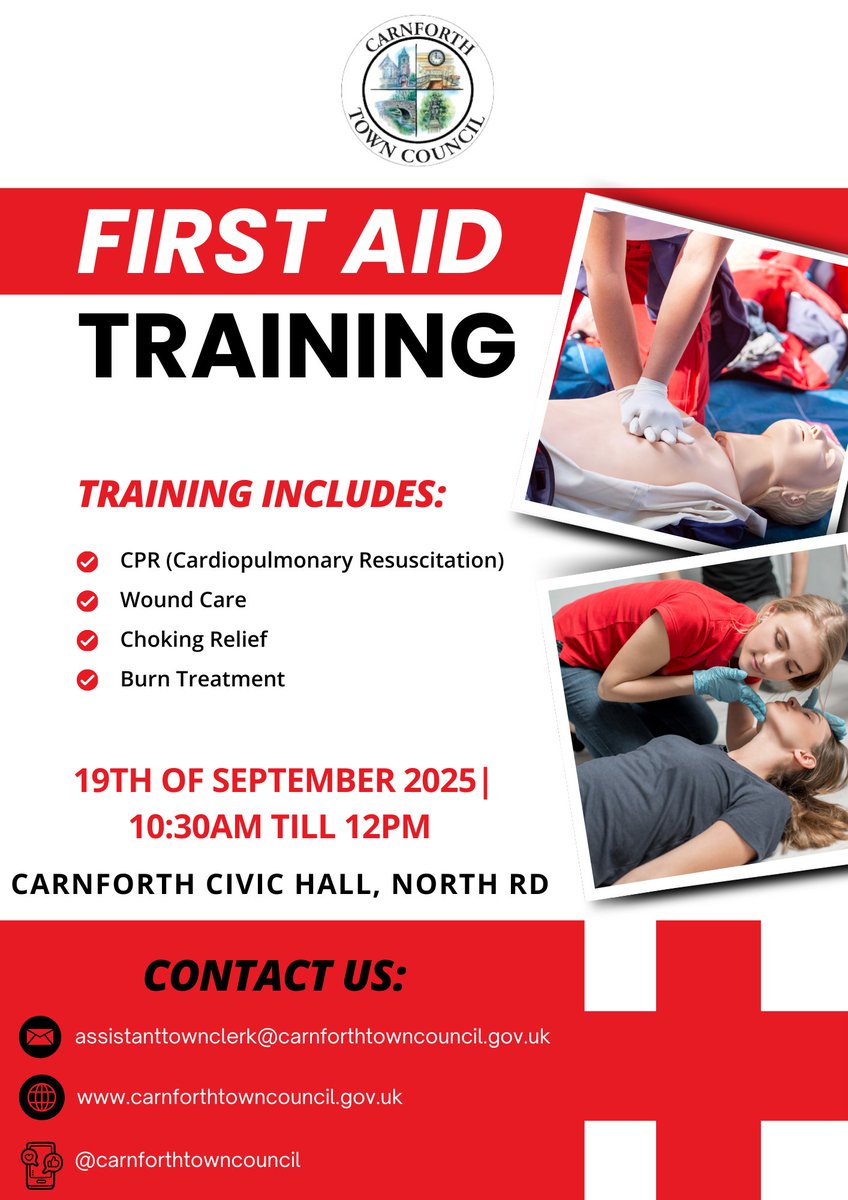 🩺 Due to high demand, we’ve added a morning First Aid session!
📅 Fri 19 Sept | 🕤 10:30AM–12PM
📍 Carnforth Civic Hall
🎓 Delivered by British Red Cross
💷 FREE – booking essential!
✅ Burns
✅ AED use
✅ Real-life emergency skills
🎟️ Book now: trybooking.com/uk/FGDG