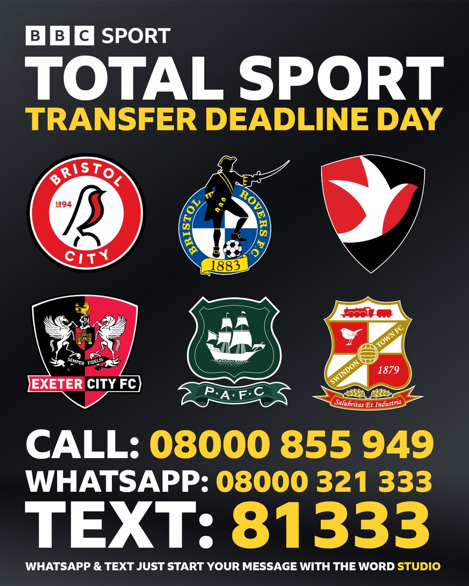 Joe Sims, John Acres &amp; Marie Indge bring you the latest #DeadlineDay news as the window closes 🚨

We want to hear your thoughts!
📞 Call us free on 08000 855 949
📱 Text STUDIO to 81333
🟢 WhatsApp STUDIO to 08000 321 333

Join the conversation live, 6–8pm tonight on 
<a href="/BBCSounds/">BBC Sounds</a>