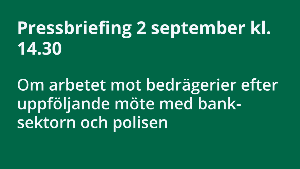 I morgon tisdag håller finansmarknadsminister <a href="/NiklasWykman/">Niklas Wykman</a> och justitieminister Gunnar Strömmer en pressbriefing efter sitt möte med Sveriges största banker och Polismyndigheten. Pressinbjudan: regeringen.se/pressmeddeland…