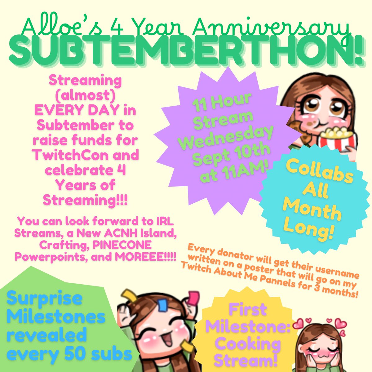 SUBTEMBER STARTS TODAY!!!

~Monday 4pm Kickoff Stream!
~Tues &amp; Weds time tbd IRL streams with Zoe!
~Thurs 4pm stream with Zoe!
~Fri &amp; Sat off days
~Sunday 11am Shiny Hunting with Kat!!

See you all later!!!!!