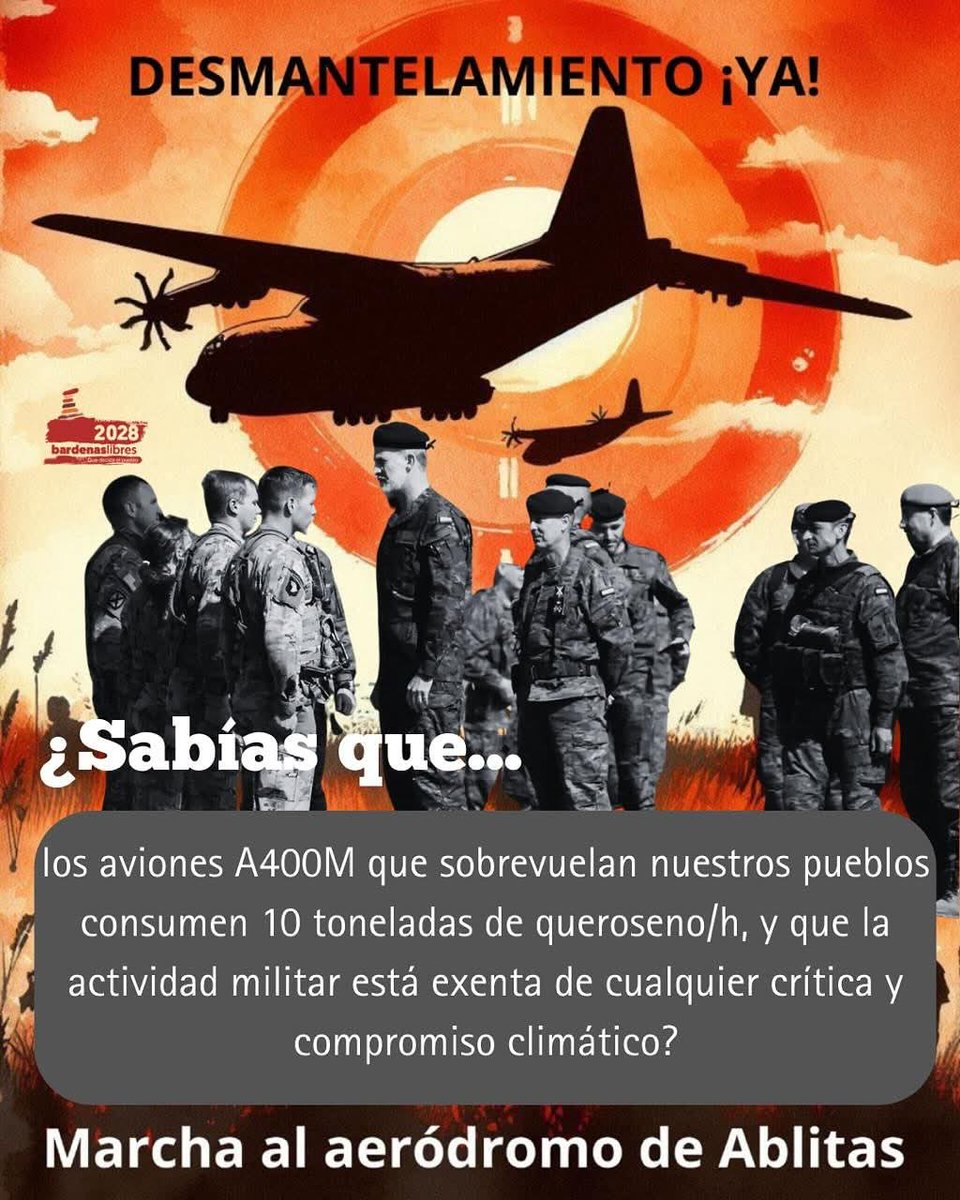 2018Bardenas's tweet photo. … y que los aviones de carga A400 que sobrevuelan nuestros pueblos consumen 10 toneladas de queroseno a la hora, y que la actividad militar está exenta de cualquier crítica y compromiso climático?

#bardenaslibres2028 #quenonosarrastrenalaguerra #palestinalibre🇵🇸 #boicotisrael https://t.co/k76AZRduzZ