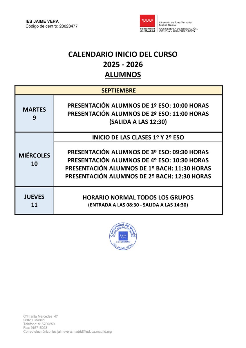 ¡Bienvenidos al <a href="/JaimeVeraIES/">IES Jaime Vera</a> Calendario de inicio CURSO 2025-2026 #iesjaimeverademadrid #educacion