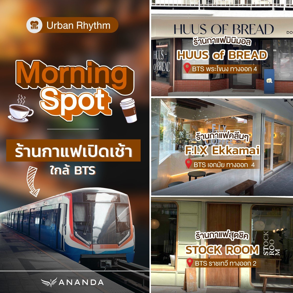 Ananda_PCL's tweet photo. Morning vibes ของคนเมือง 🌇 เริ่มต้นวันด้วยกาแฟแก้วโปรดที่ใกล้รถไฟฟ้า

HUUS of BREAD –  BTS พระโขนง ทางออก 4
เปิด วันอังคาร - อาทิตย์ 10:00 น. - 18:00 น. (ปิดทุกวันจันทร์)

F.I.X Ekkamai – BTS เอกมัย ทางออก  4
เปิดวันจันทร์ - ศุกร์ 07:00 น. - 17:00 น.
วันเสาร์ - อาทิตย์ 08:00 น. - 18:00 น.

STOCKROOM – BTS ราชเทวี ทางออก 2
เปิด วันอังคาร - วันศุกร์ 08:30 น. - 17:00 น.
วันเสาร์ - อาทิตย์ 09:00 น. - 17:30 น.

ใครผ่านก็อย่าลืมแวะกันน้า

CR. Huus Of Bread / F.I.X Ekkamai /STOCK ROOM
