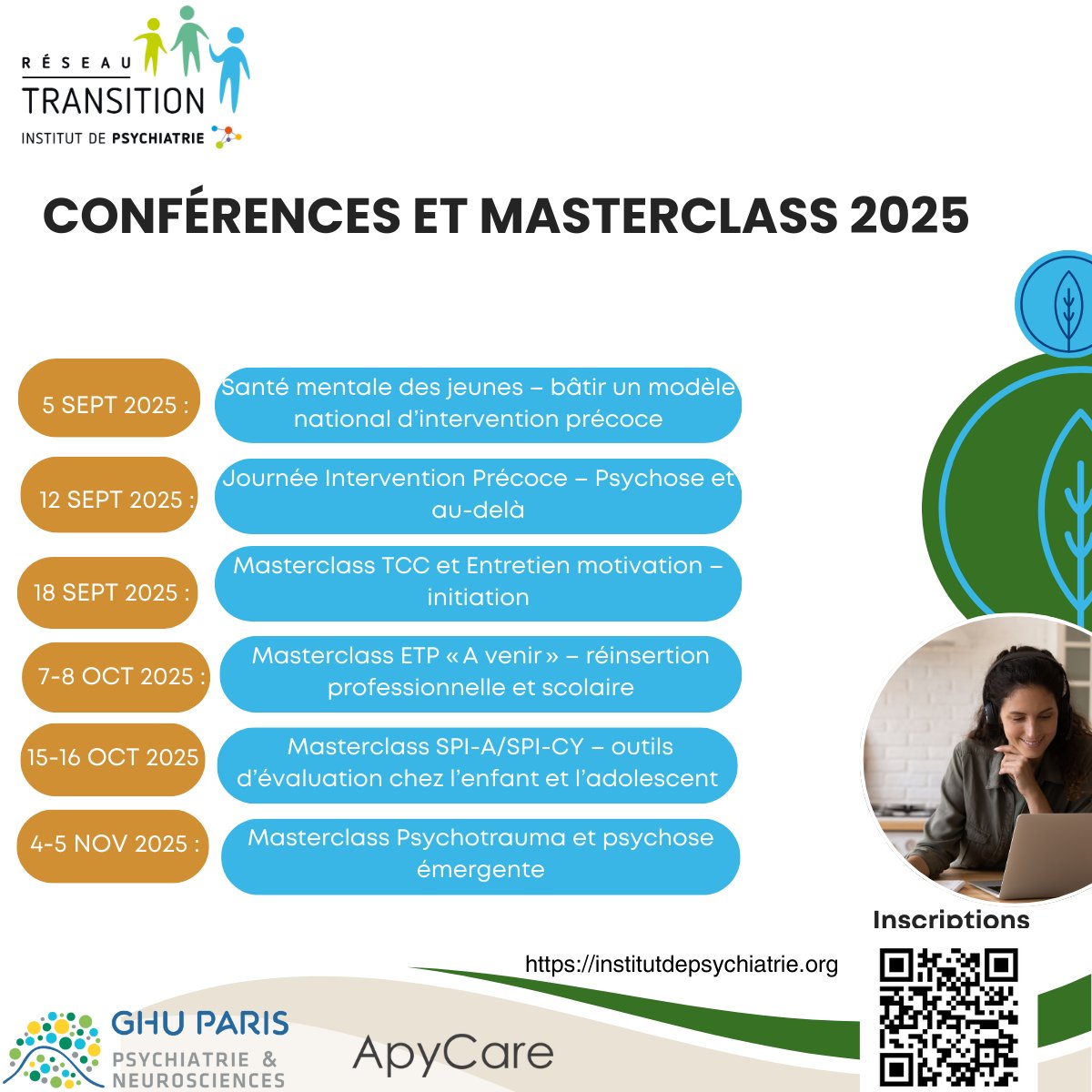 📅 De septembre à novembre, focus sur la prévention en santé mentale des jeunes ! 

➡️ Conférences, masterclass et experts internationaux (<a href="/PatMcGorry/">Patrick McGorry</a> , Dr Shannon…) pour faire évoluer l’intervention précoce et la psychiatrie. 

🔗 Infos &amp; inscriptions : institutdepsychiatrie.org