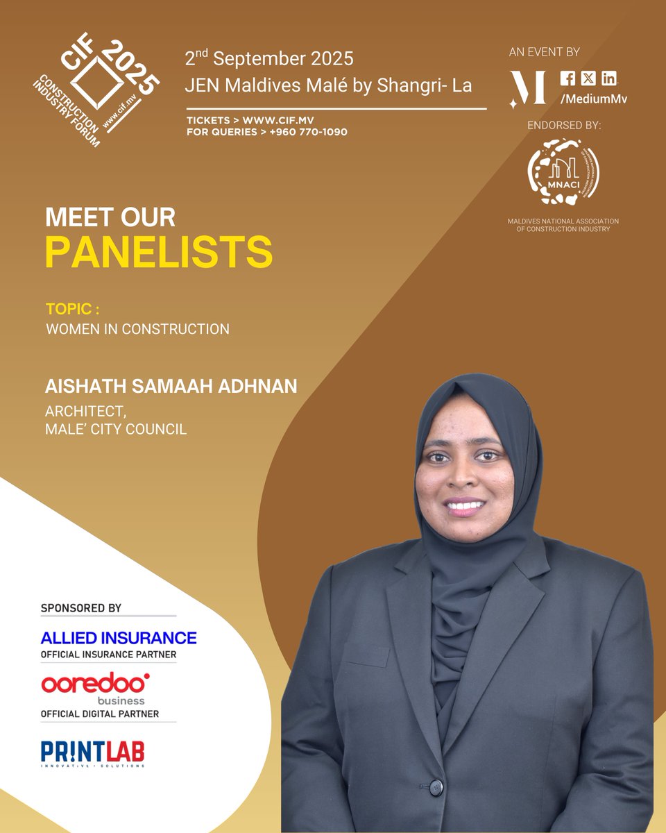 Introducing our Panelists for the Construction Industry Forum 2025 : - Ms Aishath Samaah Adhnan, Architect, Male' City Council.
<a href="/MaleCitymv/">Malé City Council</a>
Topic: Women in Construction #construction #industry #forum