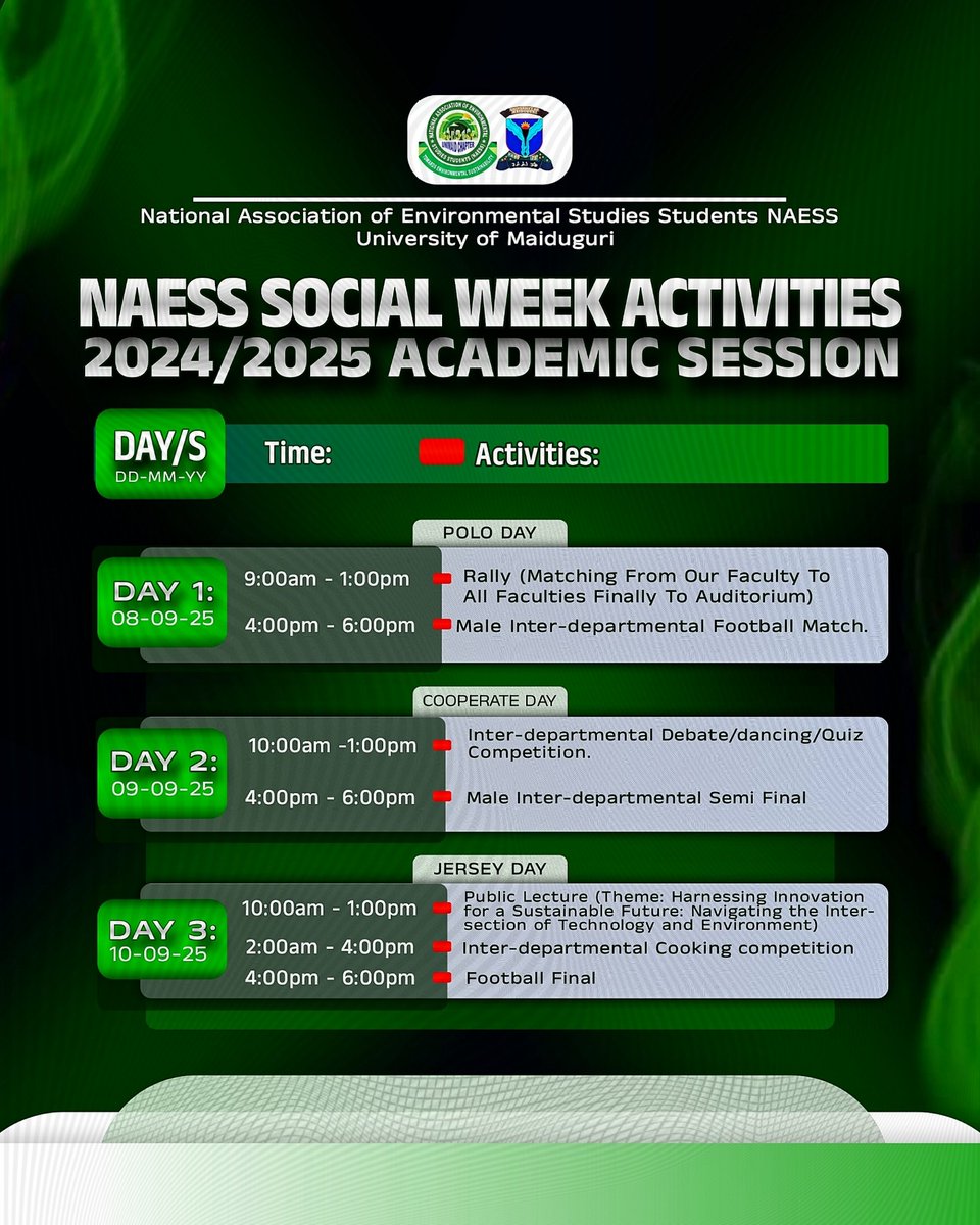 maikano_J's tweet photo. Design That Informs...
 Design That Inspires...!

Crafted a bold, clear layout for NAESS Unimaid Social Week 24/25.  

From rallies to lectures &amp; finals organized, color-coded &amp; screen-ready.  

Need pro flyers or visuals?  
DM to bring your ideas to life!  

#MaikanoCreatives https://t.co/eFaXyq0kMM