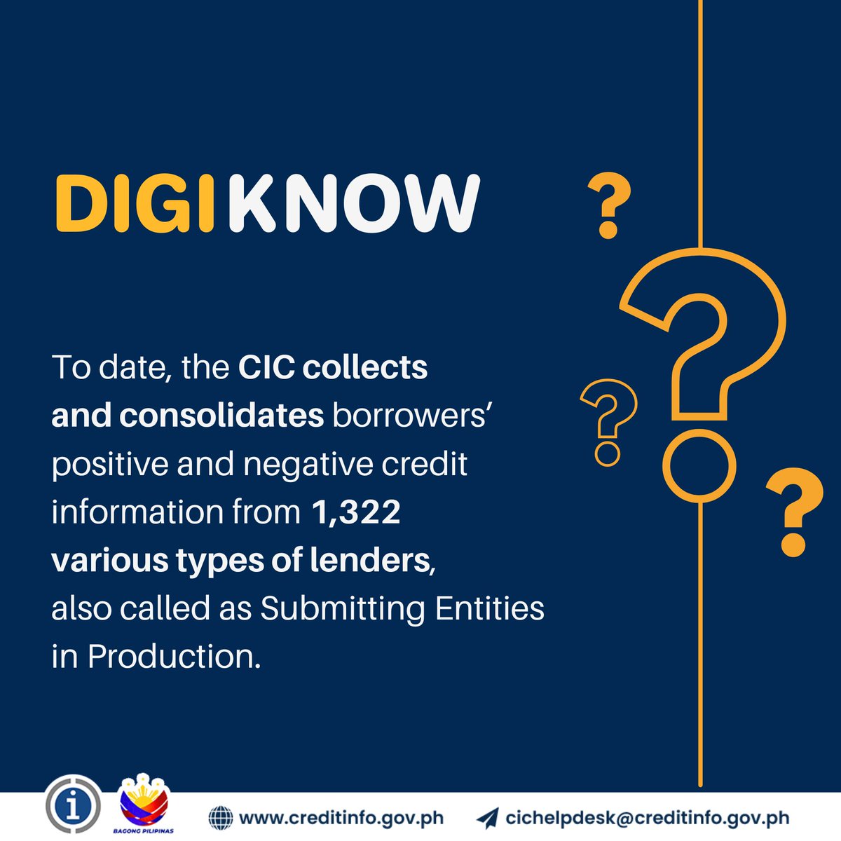 creditinfogovph's tweet image. 💡 #DIGIKNOW?

CIC currently has 1,322 active Submitting Entities.

Check if your lenders are already compliant with CISA and regularly submit your credit information to the CIC:
➡️ creditinfo.gov.ph/SEPlist

#PHCreditRegistry #BeCreditworthy