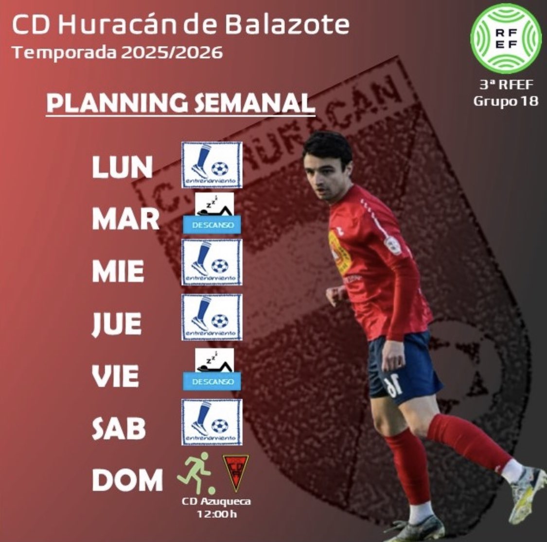 Planificación semanal !! 
Comienzo de la #Supertercera# en CLM , visitando el Municipal San Miguel de <a href="/CDAzuqueca/">C.D. Azuqueca</a> 

Esto empieza ya 🔴🔵⚽️🔋…