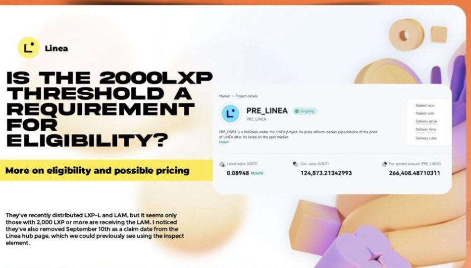 custommade_ng's tweet photo. I don’t like as $Linea is starting the airdrop for September.
Here is the break down on  LXP

They've recently distributed LXP-L and LAM, but it seems only those with 2,000 LXP or more are receiving the LAM. 

Meaning? Only from 2000 LXP can qualify 

If you have 2,000 LXP, you'll get 2,982 tokens worth $232. 

Use this to calculate your LXP to see what you got.

After so many years what you get for engagement is $232 at current FDV of $3B +

It’s listed on Binance Futures and that’s price you see is $0.05