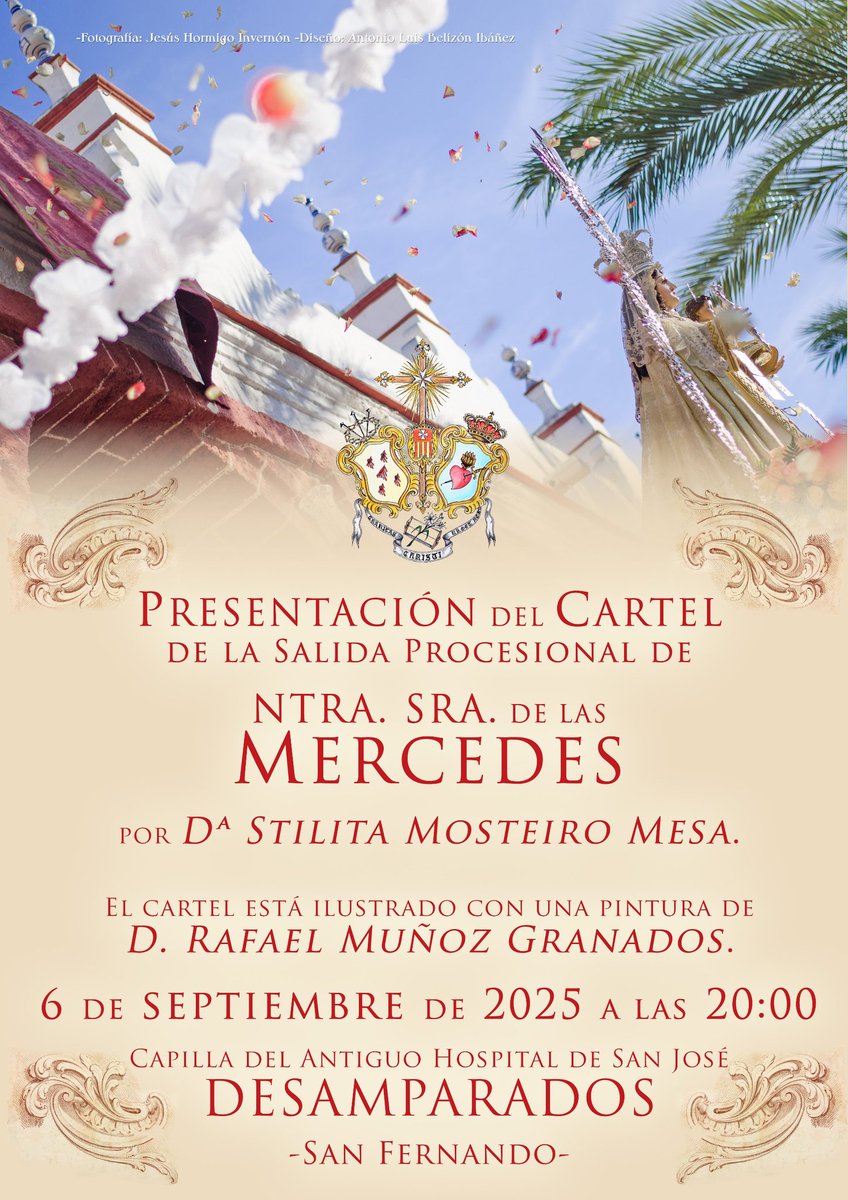 Compartimos con vosotros el cartel aunciador de la 𝐏𝐫𝐞𝐬𝐞𝐧𝐭𝐚𝐜𝐢𝐨́𝐧 𝐝𝐞𝐥 𝐂𝐚𝐫𝐭𝐞𝐥 𝐝𝐞 𝐍𝐮𝐞𝐬𝐭𝐫𝐚𝐬 𝐒𝐞𝐧̃𝐨𝐫𝐚𝐬 𝐝𝐞 𝐥𝐚𝐬 𝐌𝐞𝐫𝐜𝐞𝐝𝐞𝐬.

📅𝐒𝐚́𝐛𝐚𝐝𝐨, 𝟔 𝐝𝐞 𝐬𝐞𝐩𝐭𝐢𝐞𝐦𝐛𝐫𝐞
⏰𝟐𝟎.𝟎𝟎 𝐡
📍𝐂𝐚𝐩𝐢𝐥𝐥𝐚 𝐝𝐞 𝐥𝐨𝐬 𝐃𝐞𝐬𝐚𝐦𝐩𝐚𝐫𝐚𝐝𝐨𝐬