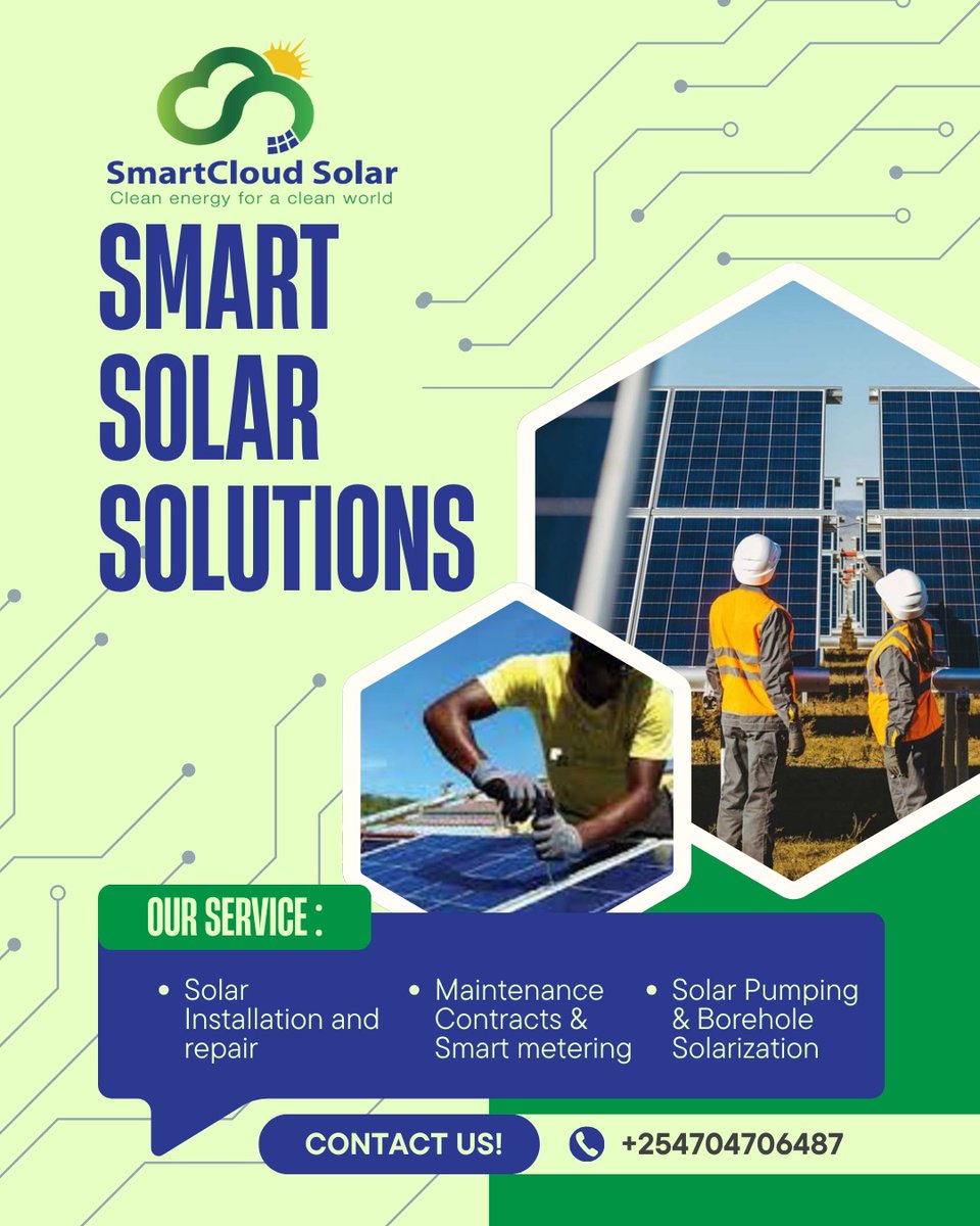 Smartcloud254's tweet image. 🌱 Power your home, business, or farm the smart way.
Reliable. Affordable. Solar. ⚡
#SolarEnergy #solarpower #SmartSolutions #smartcloudsolar #boreholesolutions #farming #Solarpumping