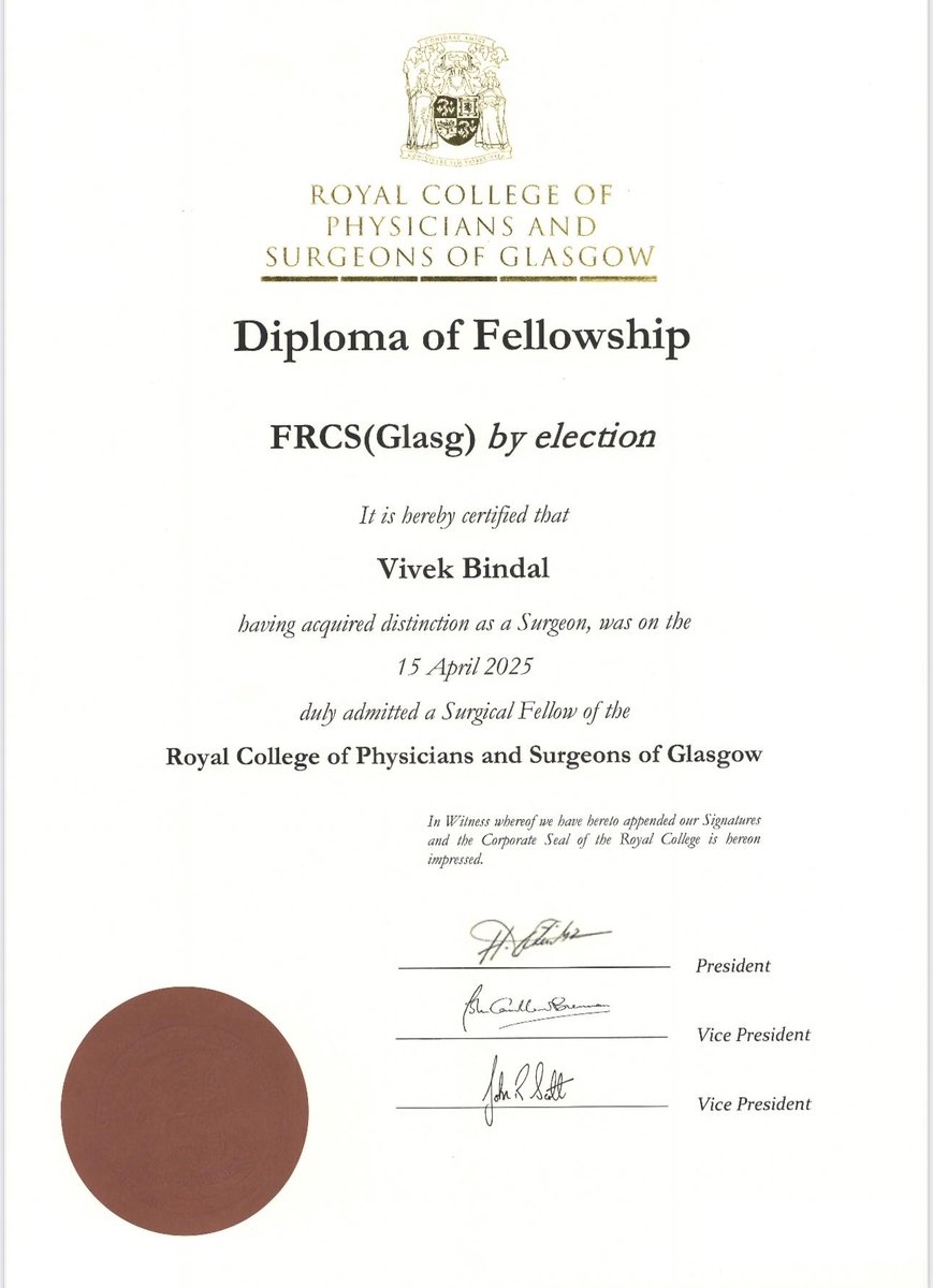 drvivekbindal's tweet image. @drvivekbindal 🌟 Honoured with FRCS (Glasg) 🌟
It gives me immense personal satisfaction and gratification to be recognised as a Fellow of the Royal College of Physicians and Surgeons of Glasgow, UK (FRCS – Glasg).
#FRCS #RCPSG #MedicalExcellence #drvivekbindal #RoboticSurgery