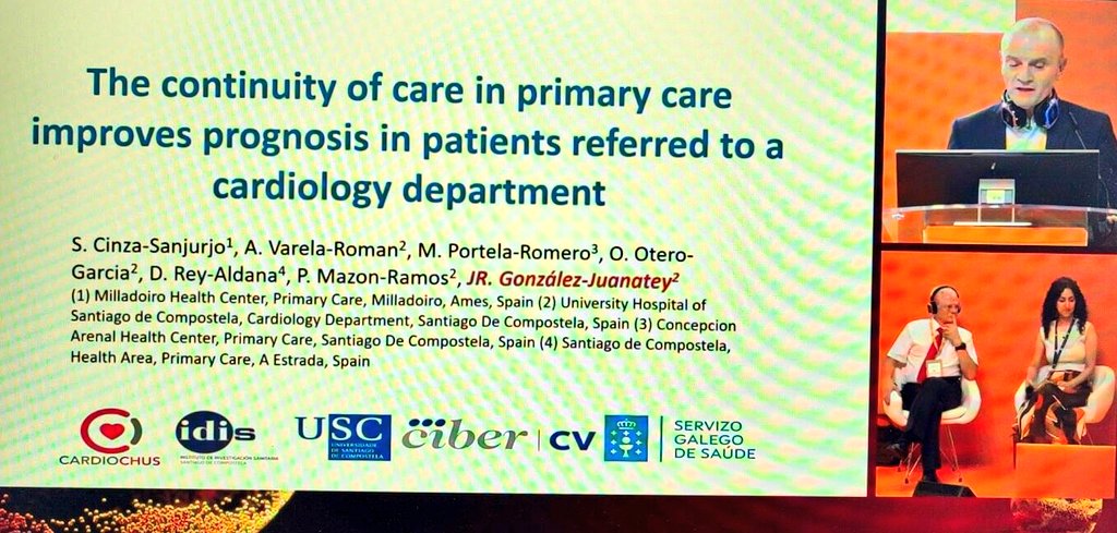 🔝 Session yesterday on using #bigdata to drive CV interventions.
<a href="/JoseJuanatey/">José R. Juanatey</a> demonstrated the importance of continuity of care, as frequent PCP changes within centers were associated with worse patient outcomes. More than 60000 referrals were analyzed. Strong results! 
🏥➡️👩🏽‍⚕️