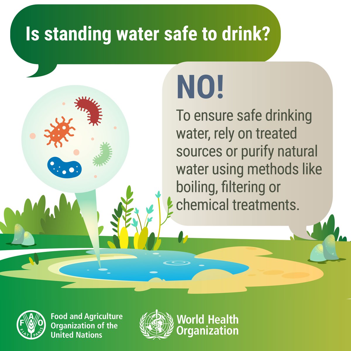 WHO Nigeria (@whonigeria) on Twitter photo đźš± Is standing water safe to drink?
NO! Always rely on treated sources or purify natural water through boiling, filtering, or chemical treatment.
Protect your health—choose safe water!
#SafeWater đźš± Is standing water safe to drink?
NO! Always rely on treated sources or purify natural water through boiling, filtering, or chemical treatment.
Protect your health—choose safe water!
#SafeWater