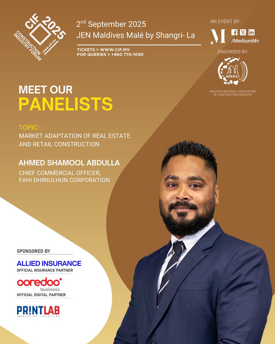 Introducing our Panelists for the Construction Industry Forum 2025 : - Mr Ahmed Shamool Abdullah, Chief Commercial Officer, Fahi Dhiriulhun Corporation
<a href="/Fdc_mv/">Fahi Dhiriulhun Corporation Limited</a> 

Topic: Market Adaptation of Real Estate and Retail Construction. #construction #industry #forum