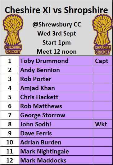 Wednesday 3 September the O50s will play at <a href="/shrewsburycc/">Shrewsbury Cricket Club</a> for a friendly against Shropshire. Go well!