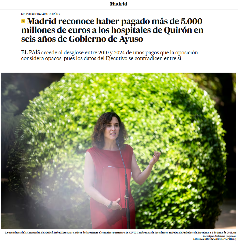 El  Gobierno de Ayuso pagó más de 5.000 millones de euros a los hospitales de Quirón en sus seis años desde que es presidenta.
La empresa multiplicó exponencialmente sus beneficios desde que Ayuso es la pareja de Alberto Quirón.
elpais.com/espana/madrid/…