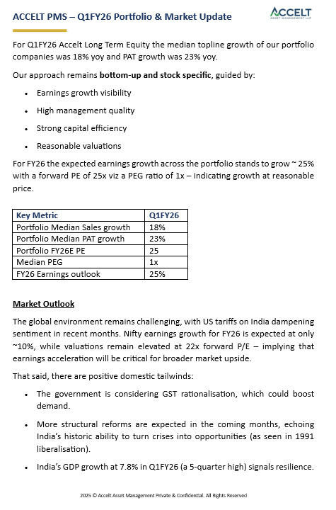 _vaibhavagarwal's tweet photo. Accelt PMS – Q1FY26 Update

Our portfolio companies delivered another strong quarter with:
📈 18% median sales growth
💰 23% median PAT growth

While Nifty earnings growth for FY26 is expected at just ~10%, our portfolio earnings outlook remains robust at ~25% with valuations still reasonable (PEG = 1x).

Yes, the global environment is challenging with tariffs and volatility, but India’s resilience is shining through – GDP at 7.8%, green shoots in private capex, and supportive reforms on the horizon.

Going forward, it’s truly a stock picker’s market – sustainable earnings growth will drive long-term wealth creation.

At Accelt, we stay committed to our bottom-up, disciplined approach to deliver value for our investors.

@AcceltAsset