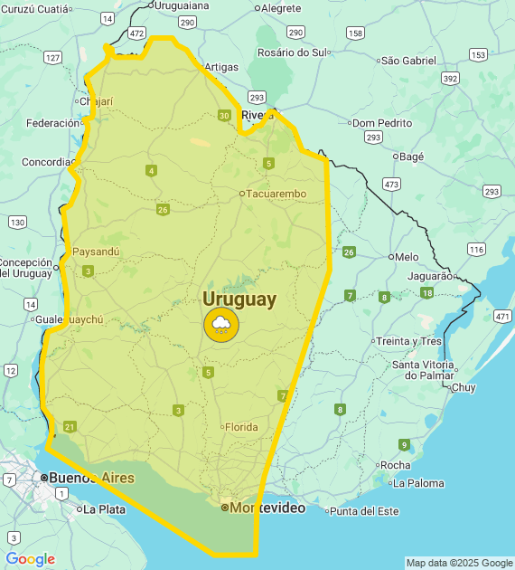Advertencia meteorológica amarilla por Persistencia de lluvias abundantes
Se actualizará a las 09:20 o ante cambios significativos

Más info: inumet.gub.uy