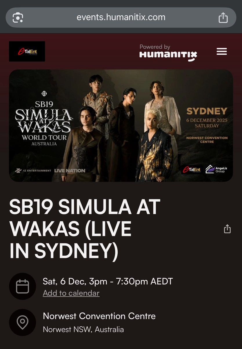 AโTIN Australia and New Zealand ๐๐ฆ๐บ๐ณ๐ฟ (@sb19australia) on Twitter photo Everyone got tix yet?๐ฅ
Simula At Wakas World Tour: MELBOURNE AND SYDNEY
Online Ticket Sale is LIVE NOW!
Grab your tickets here:
MELBOURNE
events.humanitix.com/sb19-simula-atโฆ
SYDNEY
events.humanitix.com/sb19-simula-atโฆ
<a href="/SB19Official/">SB19 Official</a> #SB19
#SimulaAtWakas
#SB19SaW #SaWWorldTour
#SaWWorldTourOceania Everyone got tix yet?๐ฅ
Simula At Wakas World Tour: MELBOURNE AND SYDNEY
Online Ticket Sale is LIVE NOW!
Grab your tickets here:
MELBOURNE
events.humanitix.com/sb19-simula-atโฆ
SYDNEY
events.humanitix.com/sb19-simula-atโฆ
<a href="/SB19Official/">SB19 Official</a> #SB19
#SimulaAtWakas
#SB19SaW #SaWWorldTour
#SaWWorldTourOceania