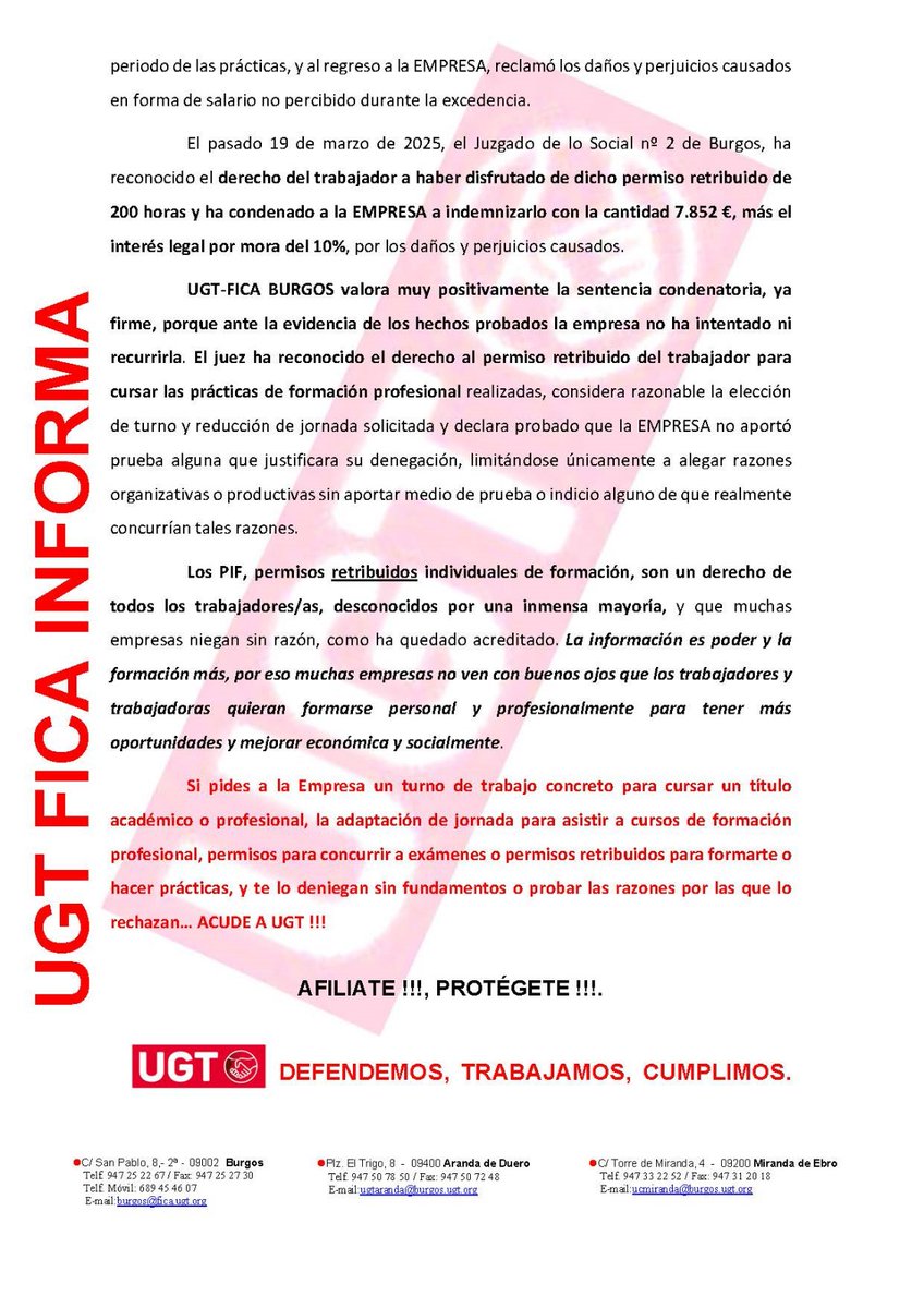 La información y la formación es 💪 poder y muchos empresaurios 🦖 no quieren que la clase trabajadora prospere y acceda a mejorar sus condiciones laborales a traves de la formación académica o profesional. Por eso, esta sentencia 👇 de <a href="/UGT_Comunica/">UGT</a> es tan importante!!!