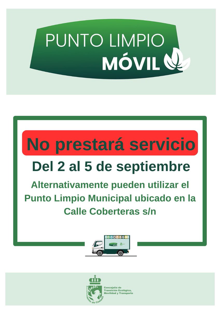 📣 #Residuos
⚠️El PUNTO LIMPIO MÓVIL 🚛 no estará disponible la primera semana de septiembre.
A partir del martes 9 lo encontrarás en los lugares establecidos.

🟢 Puedes depositar residuos domésticos en el #PuntoLimpio en Camino de Coberteras👇
coslada.es/politica-medio…