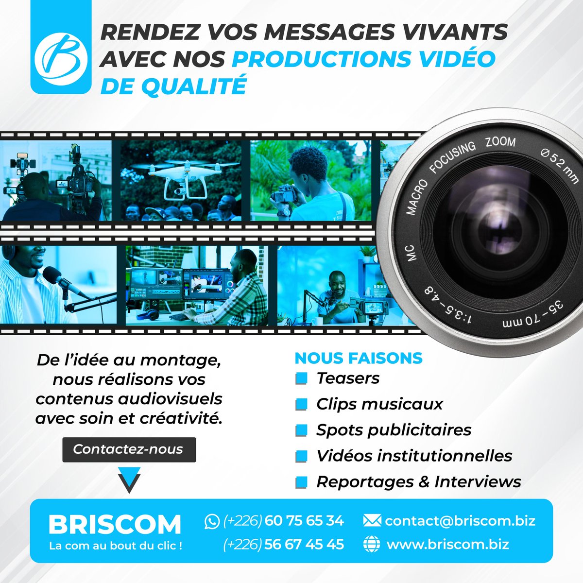 BriscomBF's tweet photo. Transformez vos idées en images qui marquent !

Teasers, clips musicaux, spots publicitaires, vidéos institutionnelles, reportages

Faites passer votre communication au niveau supérieur grâce à des contenus visuels qui font la différence.

📞 +226 60 75 65 34 / 56 67 45 45 https://t.co/gfFqUlCkSP