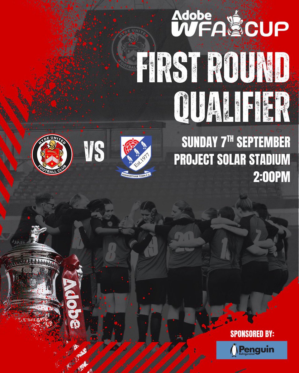 Hyde United Women (@hydeunitedwomen) on Twitter photo 🏆THE FA CUP IS HERE🏆
A historic day for the club this Sunday as we host Penwortham Town Ladies in the First Qualifying Round of the Adobe Women’s FA Cup🐯🔴⚫️
We would appreciate all your support❤️
Not one to to miss👀
🎟️ £3 Adults | £1 Concessions & Under 18s 🏆THE FA CUP IS HERE🏆
A historic day for the club this Sunday as we host Penwortham Town Ladies in the First Qualifying Round of the Adobe Women’s FA Cup🐯🔴⚫️
We would appreciate all your support❤️
Not one to to miss👀
🎟️ £3 Adults | £1 Concessions & Under 18s