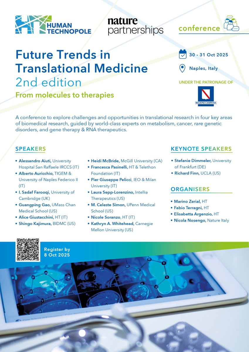 🧬 How do scientific breakthroughs turn into tomorrow’s therapies? Don’t miss the 2nd Future Trends in #TranslationalMedicine conference on metabolism, cancer, rare genetic disorders &amp; RNA therapeutics 👉 humantechnopole.it/en/trainings/f…