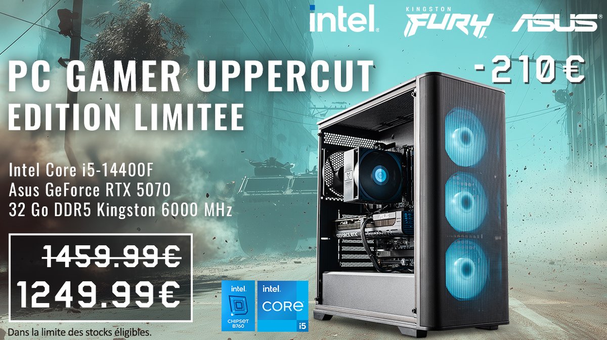 TopAchat's tweet photo. 🔥 #BackToGaming
➡ PC Gamer UPPERCUT 
🔥 - 210 €
🔥 Battlefield 6 offert 

https://t.co/yx243i1WlE

➡ @IntelFrance Core i5-14400F
➡ @ASUS_ROG_FR RTX 5070
➡ @kingstontech DDR5 32 Go https://t.co/3MQK8t4loL