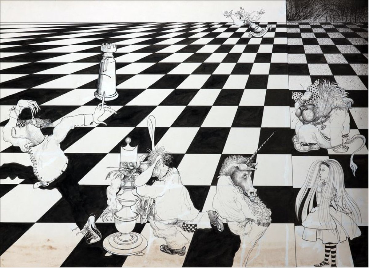 SteadmanArt's tweet image. Chess—war in miniature, kings waddling like bloated egos, pawns bleeding quietly for strategy’s sake. Black and white squares, madness disguised as logic.

 #ChessDay #RalphSteadman #AliceInWonderland ♟️🖤♚