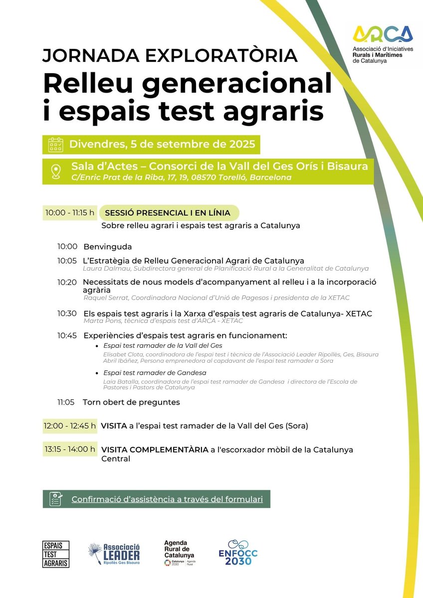 uniopagesos's tweet image. 👉Us recomanem aquesta jornada sobre Relleu generacional i espais test agraris

📅 Aquest divendres 5 de setembre de 2025
🕙 De 10 a 14 h

inscripcions: bit.ly/4oZeUGm