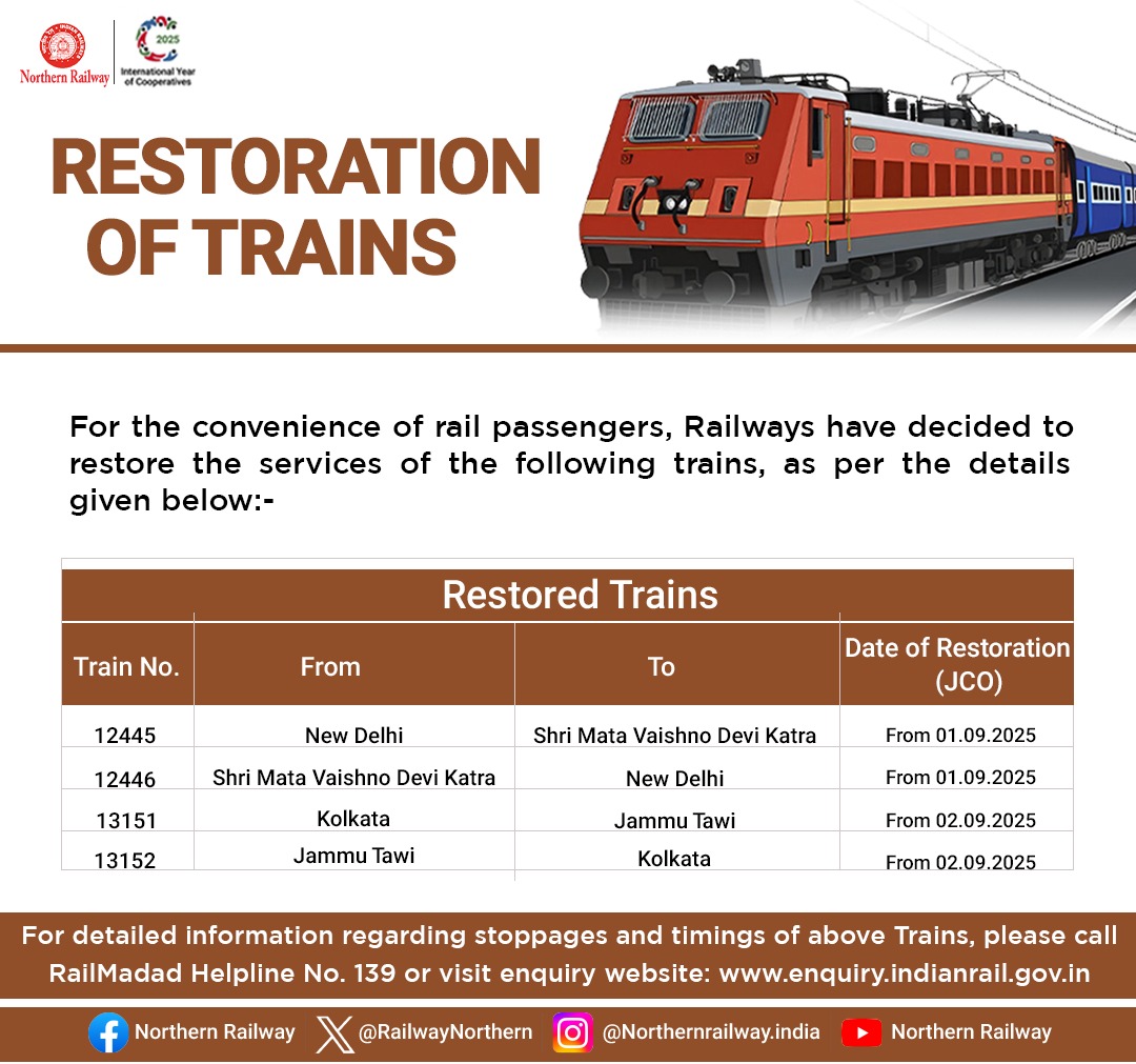 RailwayNorthern's tweet image. It is notified for the information of rail passengers that Railways have decided to restore the services of the  following trains, as per details mentioned below :-

#TrainUpdate