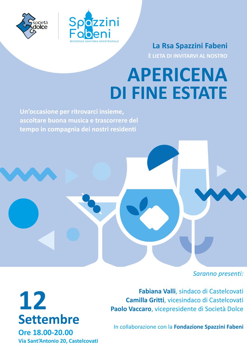 🥂 APERICENA DI FINE ESTATE ALLA RSA SPAZZINI FABENI ✨

📅 12 Settembre ⏰ Ore 18.00
📍 Via Sant’Antonio 20, #Castelcovati (BS)

Saranno presenti:
Fabiana Valli, sindaco di Castelcovati
Camilla Gritti, vicesindaco di Castelcovati
Paolo Vaccaro, vicepresidente di Società Dolce