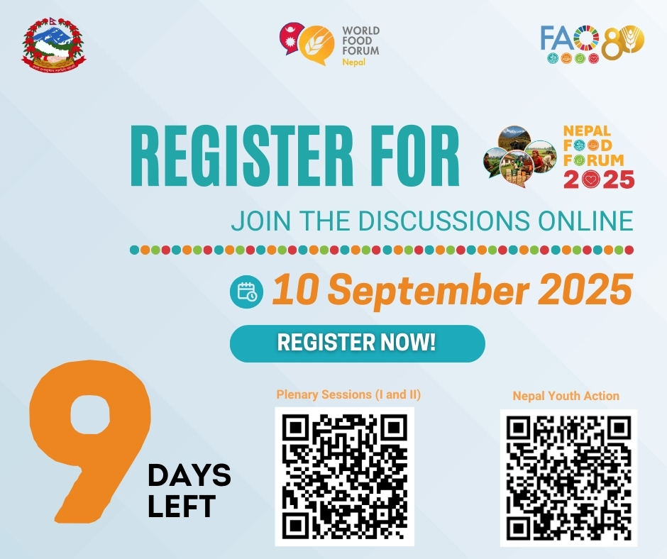 FAONepal's tweet image. Nepal Food Forum 2025   
Date: 10 September 2025  
Time: 2:00 PM - 6:00 PM 

Scan the QR code or click the link below:
 Webinar Plenary Hall: fao.zoom.us/.../register/W… 
Webinar Youth action:
fao.zoom.us/.../register/W… 

#NFF2025 #PlenarySession #YouthInAction